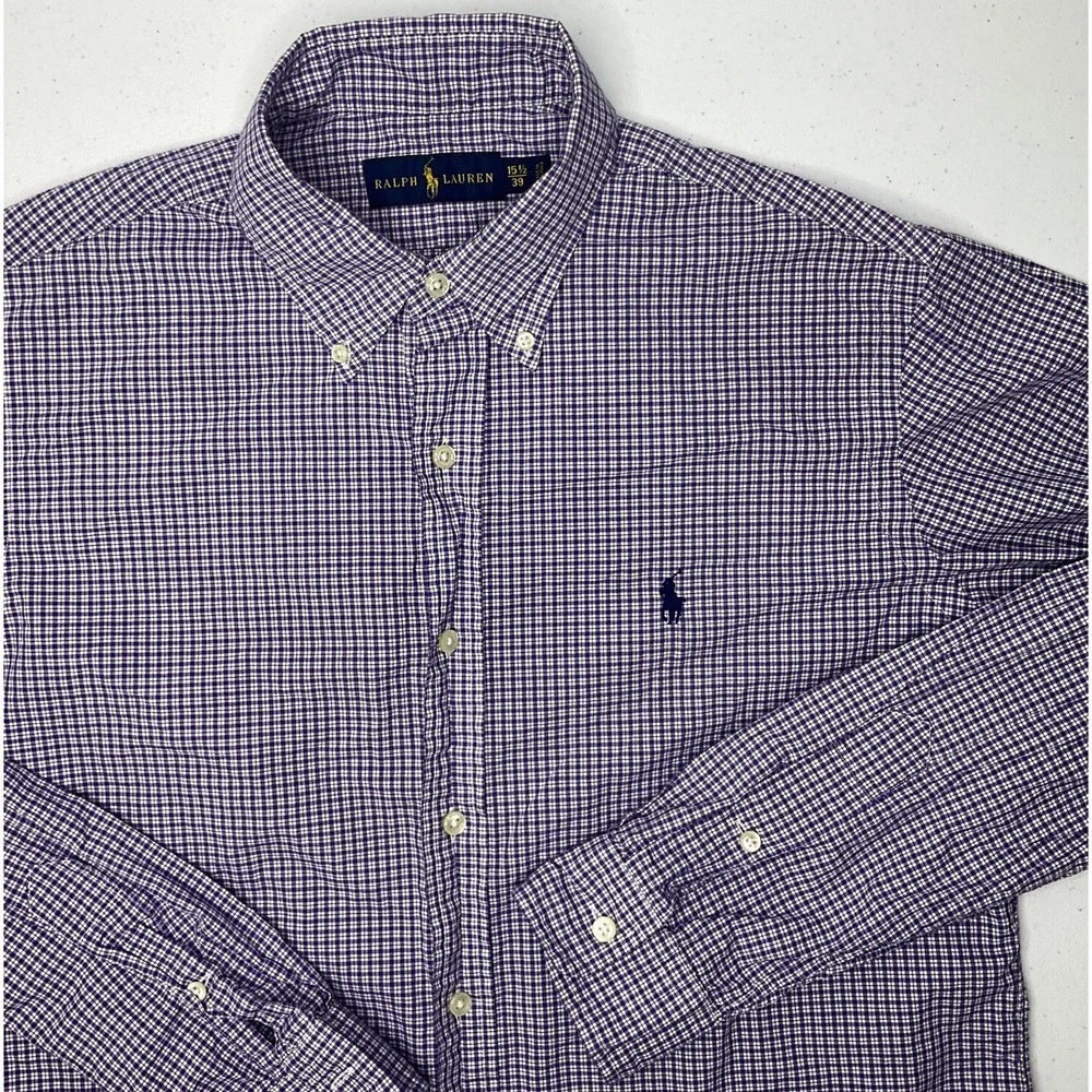 Polo Ralph Lauren Shirt Men Sz 15.5 Button Front Plaid Purple Long Sleeve Pony
